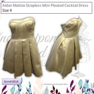 Aidan Mattox Gold Strapless Mini Pleated Dress Sz4